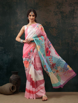Silk Land - Pink Floral Chanderi Polyester Silk Saree with Unstitched Blouse