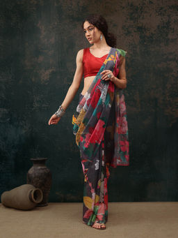 Silk Land - Grey Floral Chanderi Polyester Silk Saree with Unstitched Blouse