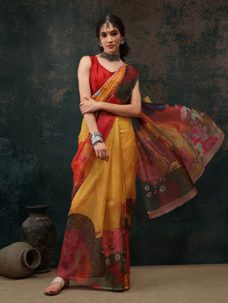 Silk Land - Mustard Floral Chanderi Polyester Silk Saree with Unstitched Blouse