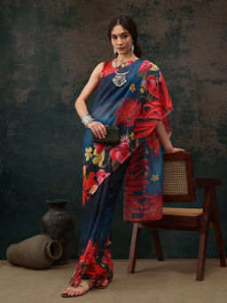 Silk Land - Blue Floral Chanderi Polyester Silk Saree with Unstitched Blouse