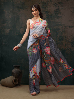 Silk Land - Grey Floral Chanderi Polyester Silk Saree with Unstitched Blouse