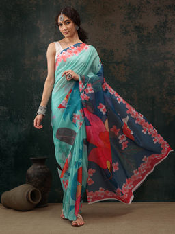 Silk Land - Turquoise Floral Chanderi Polyester Silk Saree with Unstitched Blouse