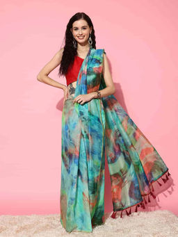 Silk Land - Multi-Color Multicolor Printed Tie And Die Saree with Unstitched Blouse