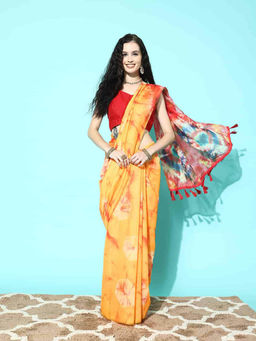 Silk Land - Mustard Printed Tie And Die Saree with Unstitched Blouse