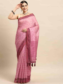 Silk Land - Pink Women Block Print Saree with Unstitched Blouse