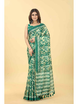 Silk Land - Green Women Block Print Saree with Unstitched Blouse
