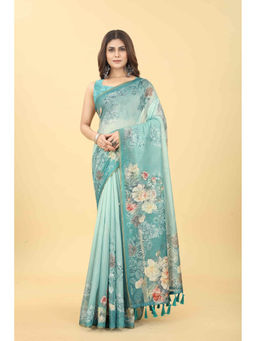 Silk Land - Teal Women Block Print Saree with Unstitched Blouse