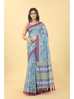 Silk Land - Blue Women Block Print Saree with Unstitched Blouse