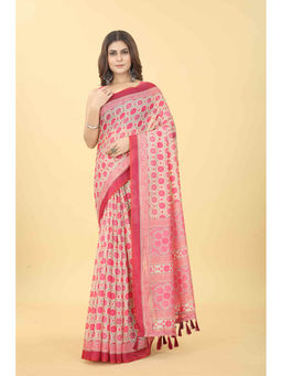 Silk Land - Pink Women Block Print Saree with Unstitched Blouse