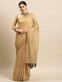 Silk Land - Beige Women Block Print Saree with Unstitched Blouse
