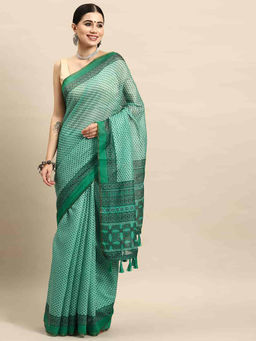 Silk Land - Green Women Block Print Saree with Unstitched Blouse