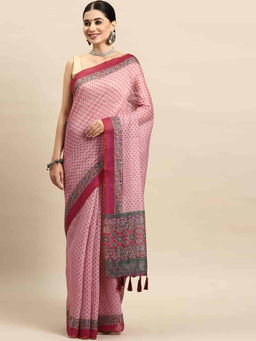Silk Land - Pink Women Block Print Saree with Unstitched Blouse