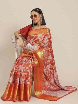 Silk Land - Orange Women's Ikat Zari Woven Saree with Unstitched Blouse