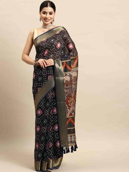 Silk Land - Navy Blue Women Kalamkari Digital Print Saree with Unstitched Blouse