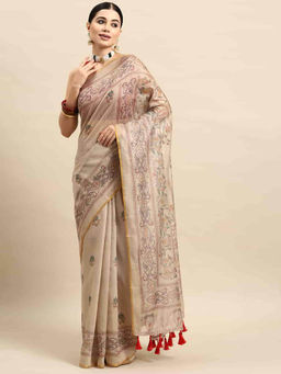Silk Land - Beige Women's Kalamkari Digital Print Saree with Unstitched Blouse