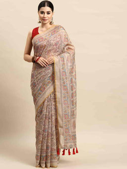 Silk Land - Beige Women's Kalamkari Digital Print Saree with Unstitched Blouse
