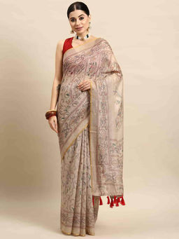 Silk Land - Beige Women's Kalamkari Digital Print Saree with Unstitched Blouse