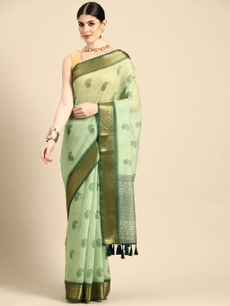 Silk Land - Green Women's Cotton Blend Ethnics Motif Digital Print Saree with Unstitched Blouse