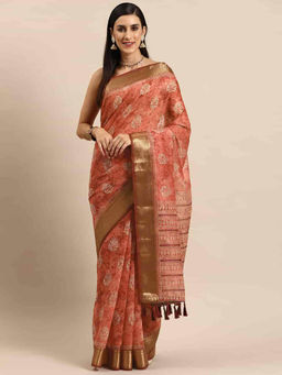 Silk Land - Orange Women's Cotton Blend Ethnics Motif Digital Print Saree with Unstitched Blouse