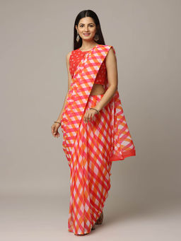Vastranand - Orange Checks Printed Festive Wear Saree with Unstitched Blouse