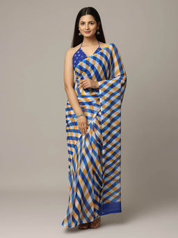 Vastranand - Blue Checks Printed Festive Wear Saree with Unstitched Blouse