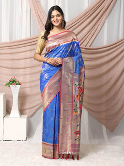 Vastranand - Blue Ethnic Motifs Woven Design Zari Pathani Saree with Unstitched Blouse