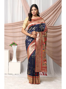 Vastranand - Navy Blue Ethnic Motifs Woven Design Zari Pathani Saree with Unstitched Blouse