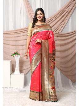 Vastranand - Pink Ethnic Motifs Woven Design Zari Pathani Saree with Unstitched Blouse