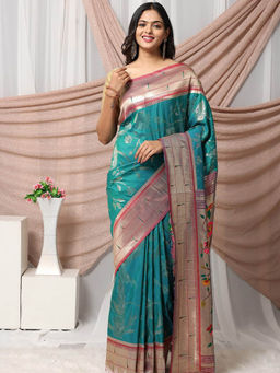 Vastranand - Teal Ethnic Motifs Woven Design Zari Pathani Saree with Unstitched Blouse