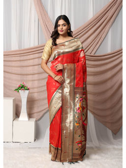 Vastranand - Red Ethnic Motifs Woven Design Zari Pathani Saree with Unstitched Blouse