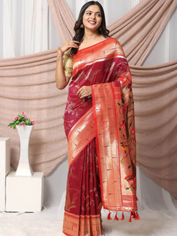 Vastranand - Burgundy Ethnic Motifs Woven Design Zari Pathani Saree with Unstitched Blouse