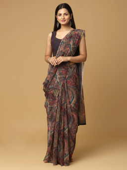 Vastranand - Brown Geometric Printed Georgette Saree with Unstitched Blouse
