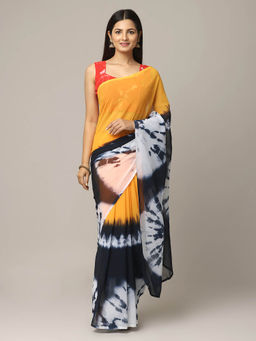 Vastranand - Mustard Tie And Dye Printed Saree with Unstitched Blouse