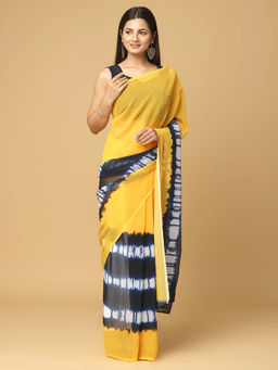 Vastranand - Yellow Tie And Dye Printed Saree with Unstitched Blouse