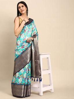 Vastranand - Blue Leheriya Floral Zari Banarasi Saree with Unstitched Blouse