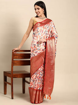 Vastranand - Orange Leheriya Printed Zari Banarasi Saree with Unstitched Blouse