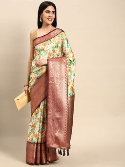 Vastranand - Mustard Leheriya Printed Zari Banarasi Saree with Unstitched Blouse