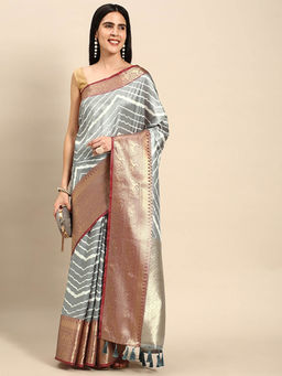 Vastranand - Grey Leheriya Striped Zari Banarasi Saree with Unstitched Blouse
