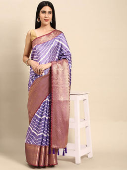 Vastranand - Purple Leheriya Striped Zari Banarasi Saree with Unstitched Blouse