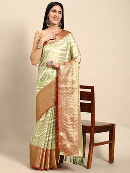 Vastranand - Green Leheriya Striped Zari Banarasi Saree with Unstitched Blouse