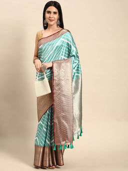 Vastranand - Turquoise Leheriya Striped Zari Banarasi Saree with Unstitched Blouse