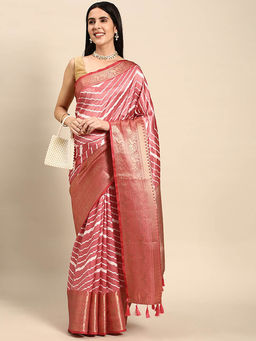Vastranand - Coral Leheriya Striped Zari Banarasi Saree with Unstitched Blouse