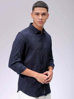 The Indian Garage Co - Men Slim Fit Textured Navy Blue Casual Shirt