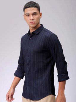 The Indian Garage Co - Men Slim Fit Textured Navy Blue Casual Shirt