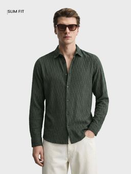 The Indian Garage Co - Men Slim Fit Textured Green Casual Shirt