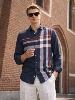 The Indian Garage Co - Men Slim Fit Stripes Navy Blue Casual Shirt