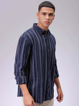 The Indian Garage Co - Men Slim Fit Textured Navy Blue Casual Shirt