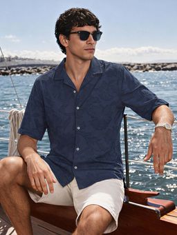 The Indian Garage Co - Men Relaxed Fit Textured Navy Blue Casual Shirt