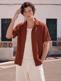 The Indian Garage Co - Men Relaxed Fit Textured Rust Casual Shirt