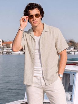 The Indian Garage Co - Men Relaxed Fit Textured Beige Casual Shirt